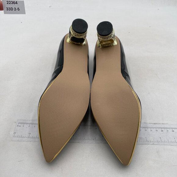 FSJ Black-gold Trim Bridal Pointed Toe Low Heel Crystal Slip on Wedding Pumps - Picture 8 of 9